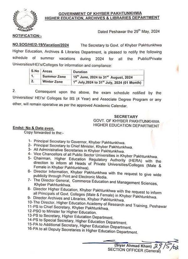 Notification by Higher Education Department, Khyber Pakhtunkhwa for summer vacation 2024